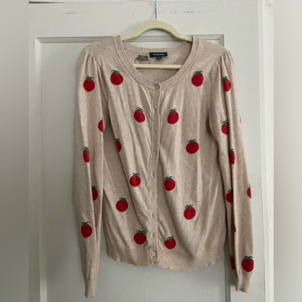 Oatmeal Heather Cardigan with Red Tomato Print - Picture 2 of 3